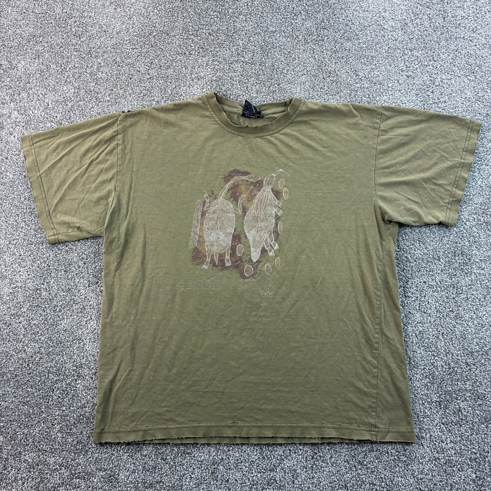 Vintage Yijan Australia Shirt Mens XL Green Cotton Aboriginal Art Distressed